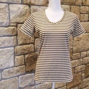 Bugatchi Women size Large Top gold and cream short sleeve stretch V-neck